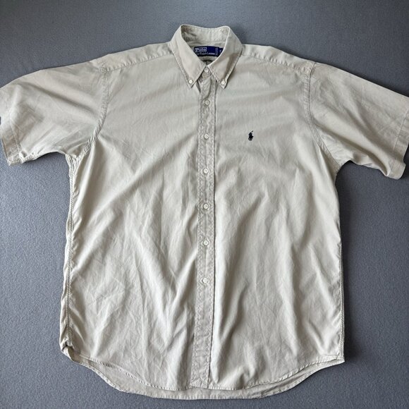 VTG Polo Ralph Lauren Mens Shirt Large Beige Button Down Short Sleeve Preppy Y2K - Picture 1 of 15